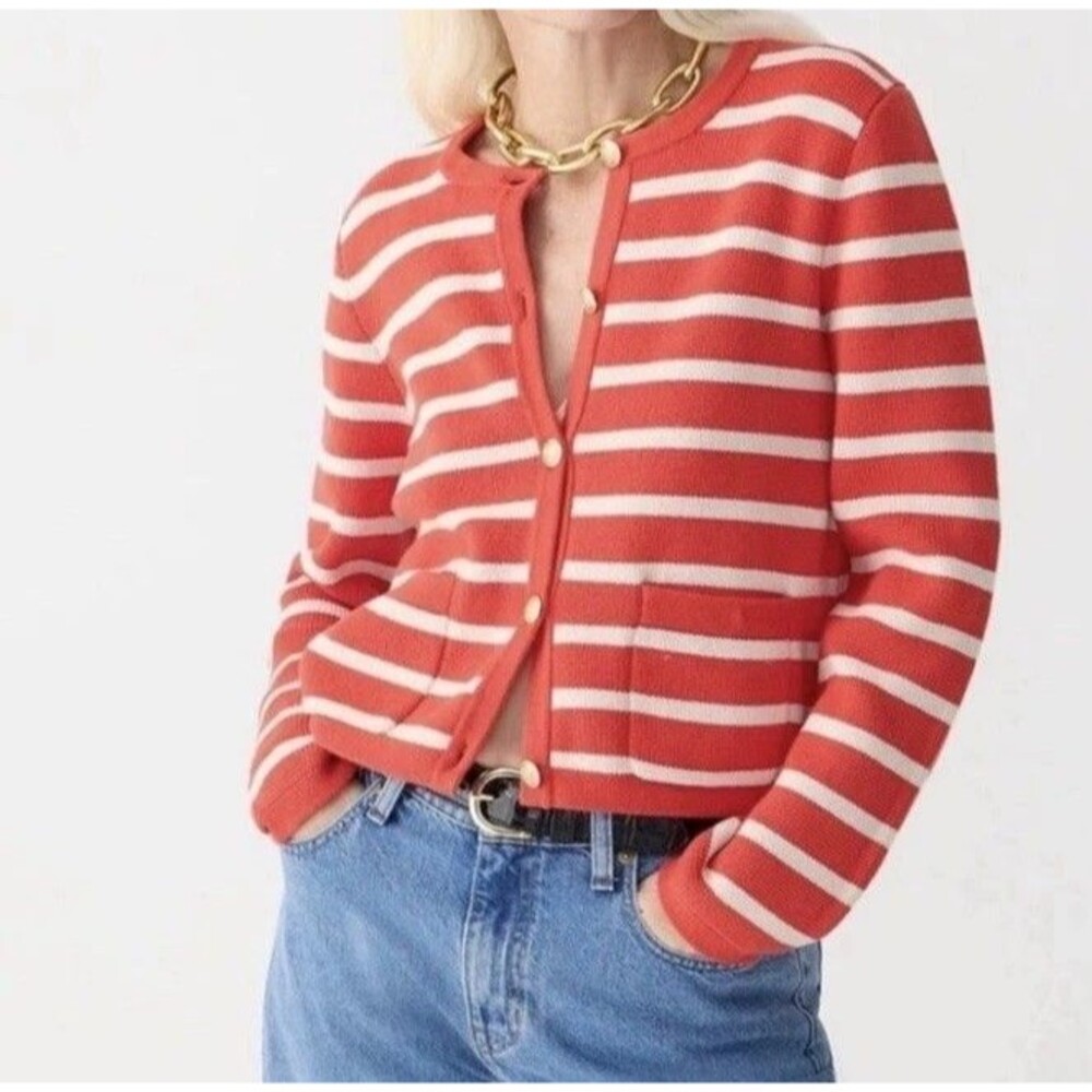 J Crew Cardigan Emilie Lady Sweater Jacket Moroccan Red & Sand Cream Large bq196